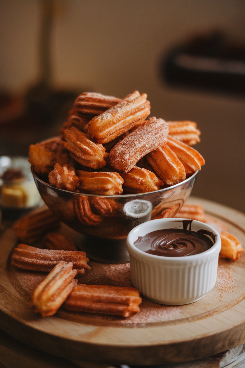 Photo of an indoor bowl heaped with bite-sized churros dusted in cinnamon sugar, small cup of chocolate ganache for dipping, warm ambient light; no text or logos.