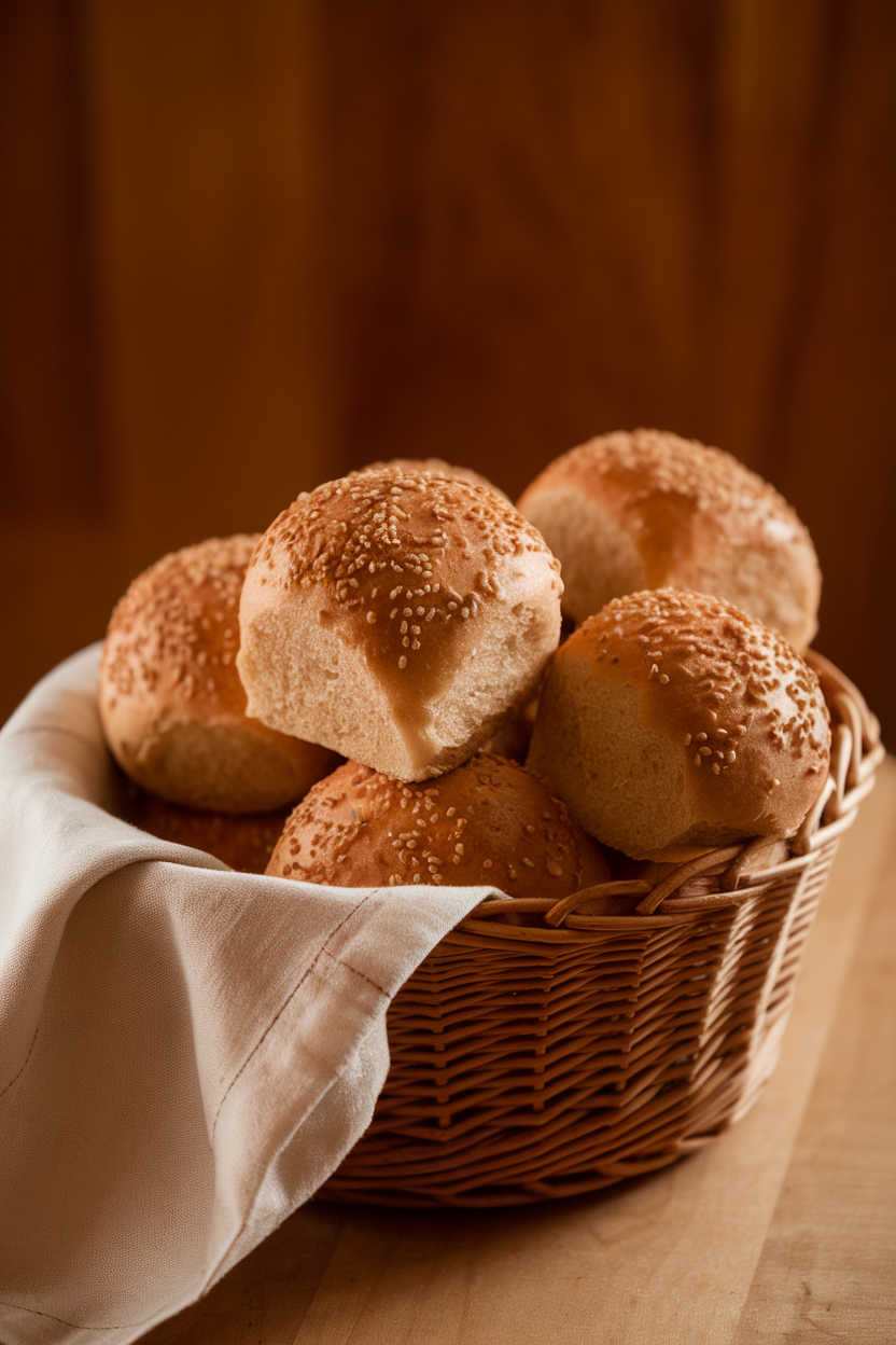 A basket of fluffy whole wheat dinner rolls with a linen napkin, indoors. No text or logos.