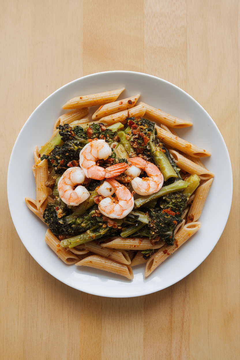 Indoor pan photo of whole-wheat penne tossed with broccoli rabe and garlic shrimp, chili flakes sprinkled; overhead light, no text or logos.