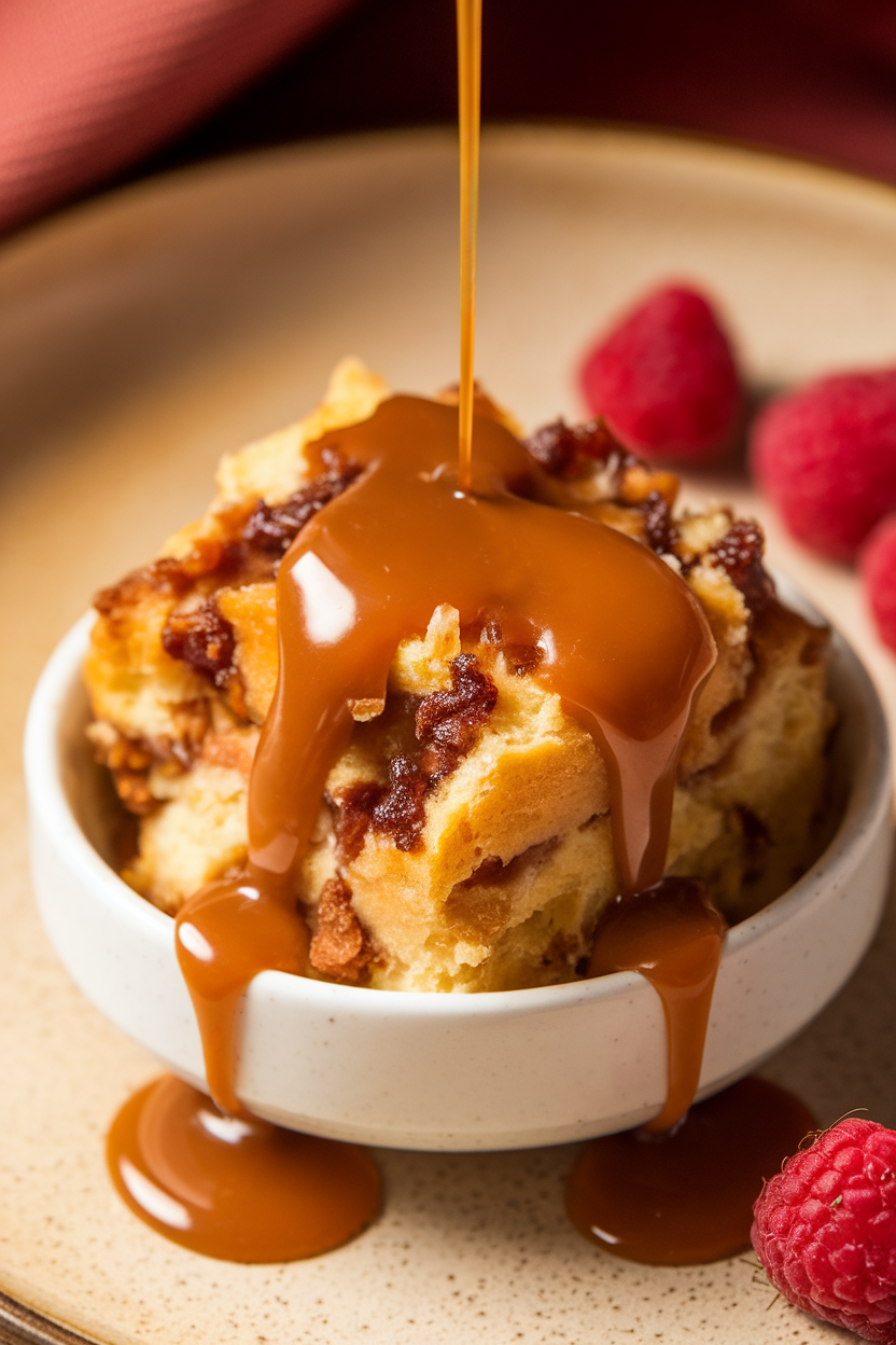 Indoor photo of a portion of bread pudding drizzled with salted caramel sauce, no text or logos.