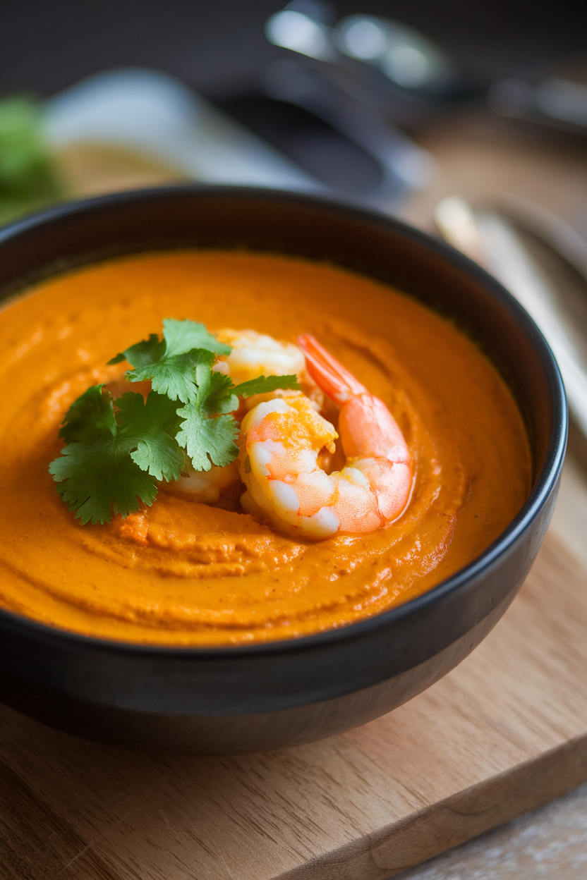 Indoor bowl photo of orange pumpkin curry soup with cooked shrimp and cilantro; soft lighting, no text or logos.