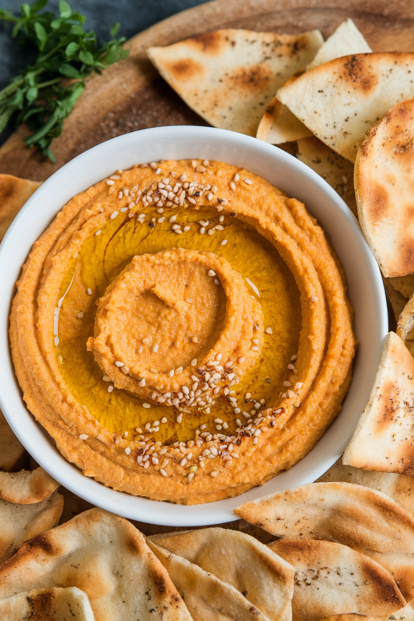 An indoor bowl of vibrant orange hummus swirled artfully, drizzled with olive oil and sprinkled with sesame seeds, pita chips piled nearby. No text or logos present.