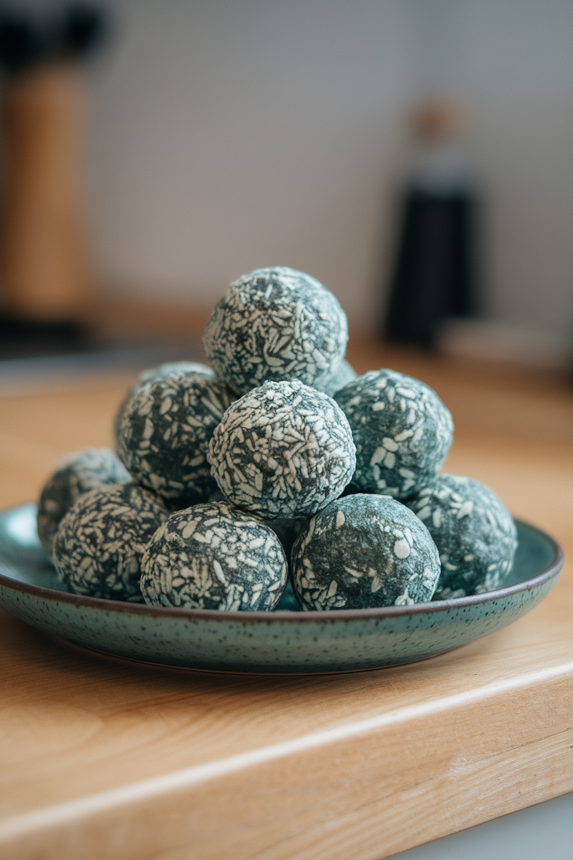 Photo of an indoor countertop with vibrant teal-green spirulina coconut energy balls on a neutral plate. No text or logos.