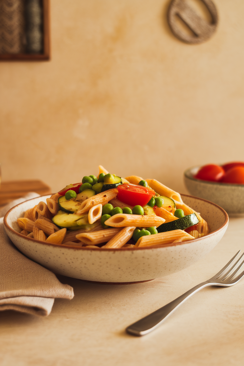 An indoor kitchen table with a bowl of whole-wheat penne tossed with sautéed zucchini, peas, and cherry tomatoes. No text or logos visible.