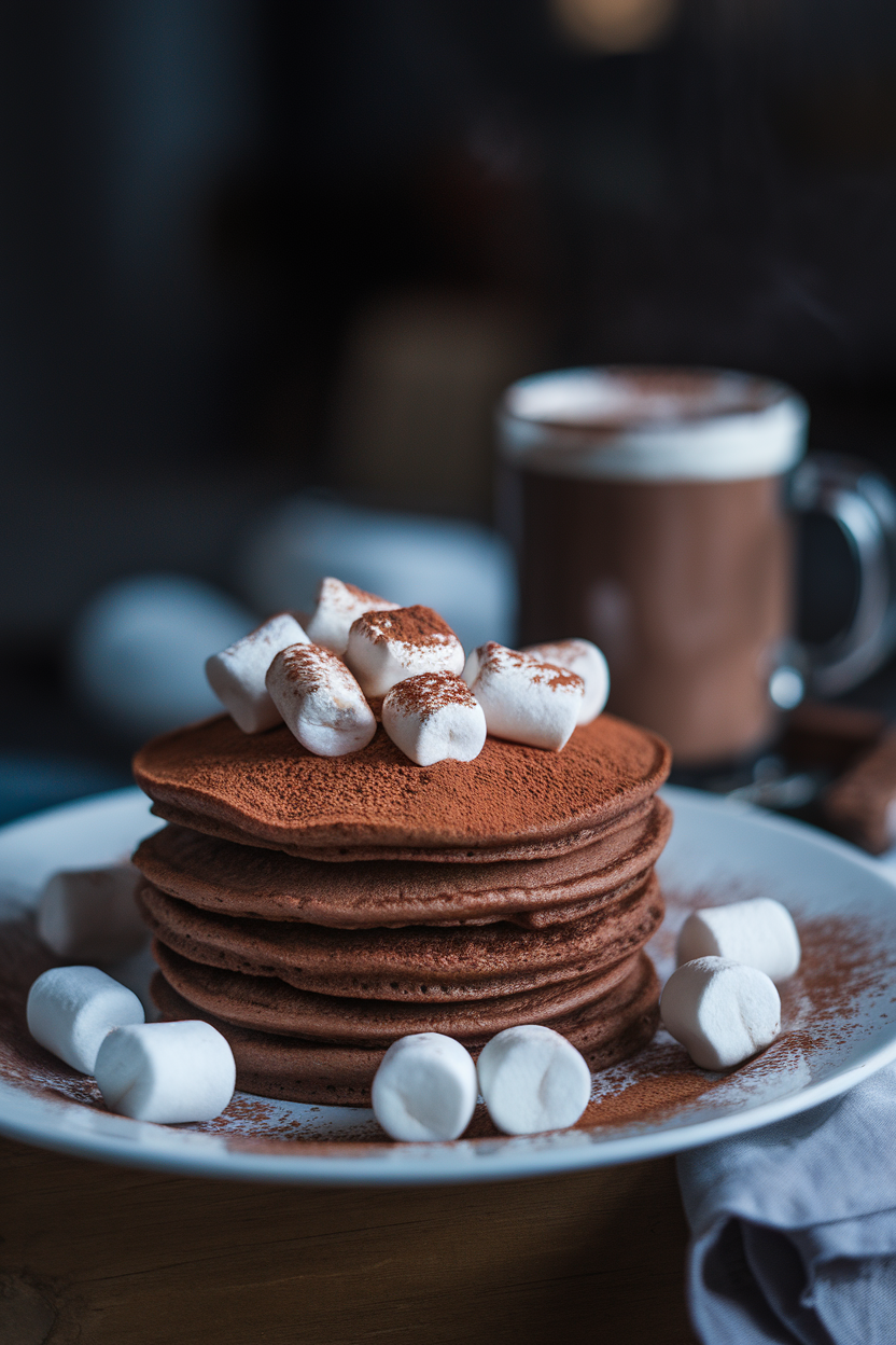 Photo of a plate indoors with chocolate pancakes topped with mini marshmallows and a dusting of cocoa powder, a mug of hot chocolate blurred in background. No text or logos visible.