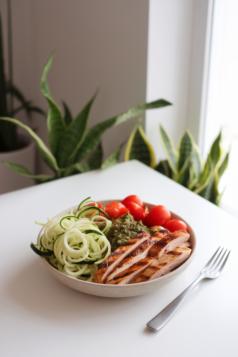 A brightly lit indoor table with a shallow bowl of spiralized zucchini “noodles,” grilled chicken strips, cherry tomatoes, and basil pesto — no text or logos