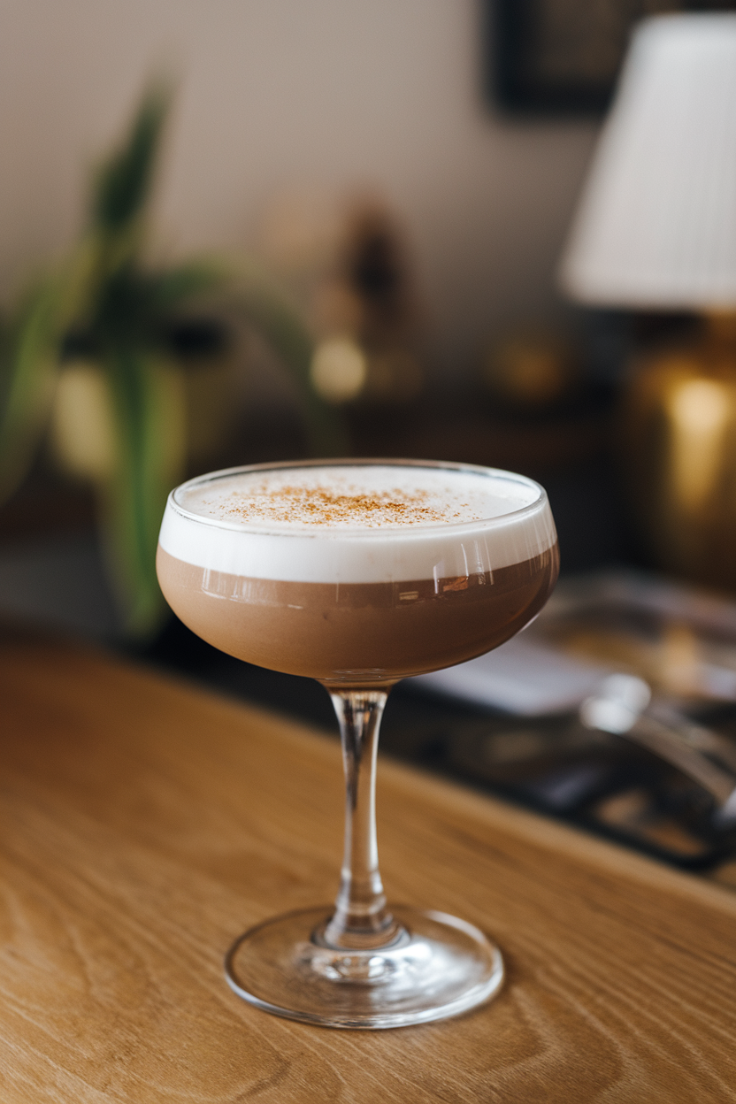 Indoor lounge setting with a coupe glass of pale mocha cocktail, lightly grated nutmeg on top, no logos or text.