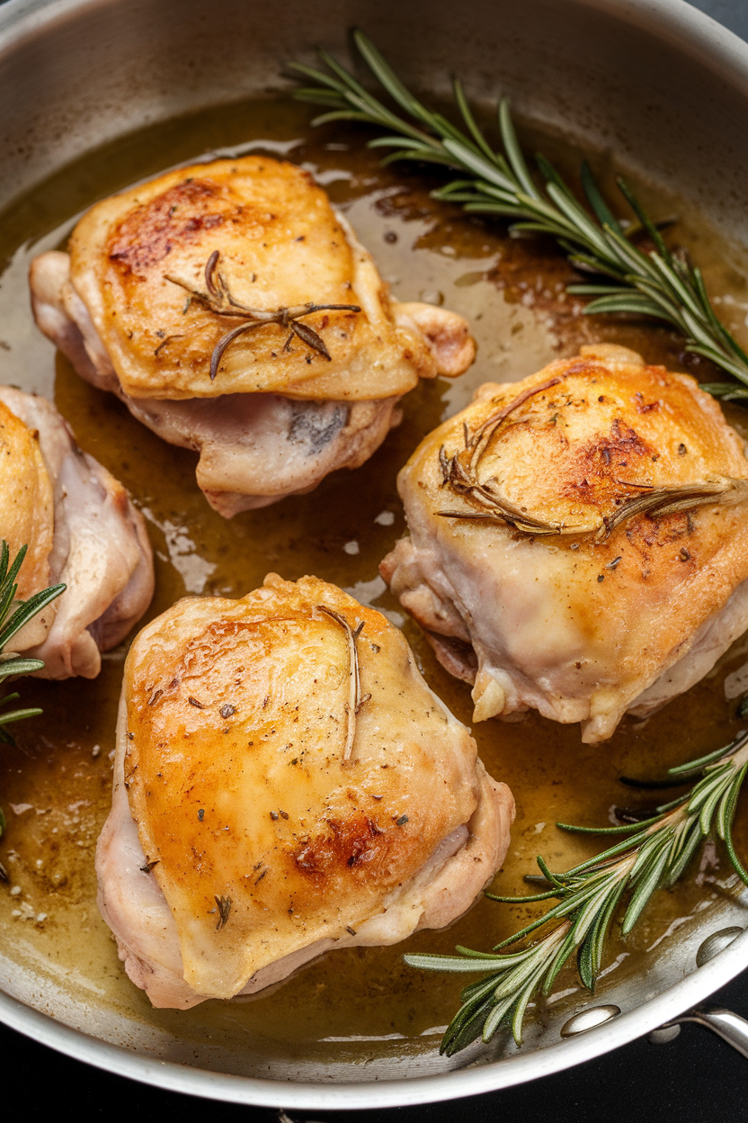 Indoor skillet containing golden chicken thighs skin-side up, rosemary sprigs scattered around, pan sauce shimmering. No text or logos. Photo only.