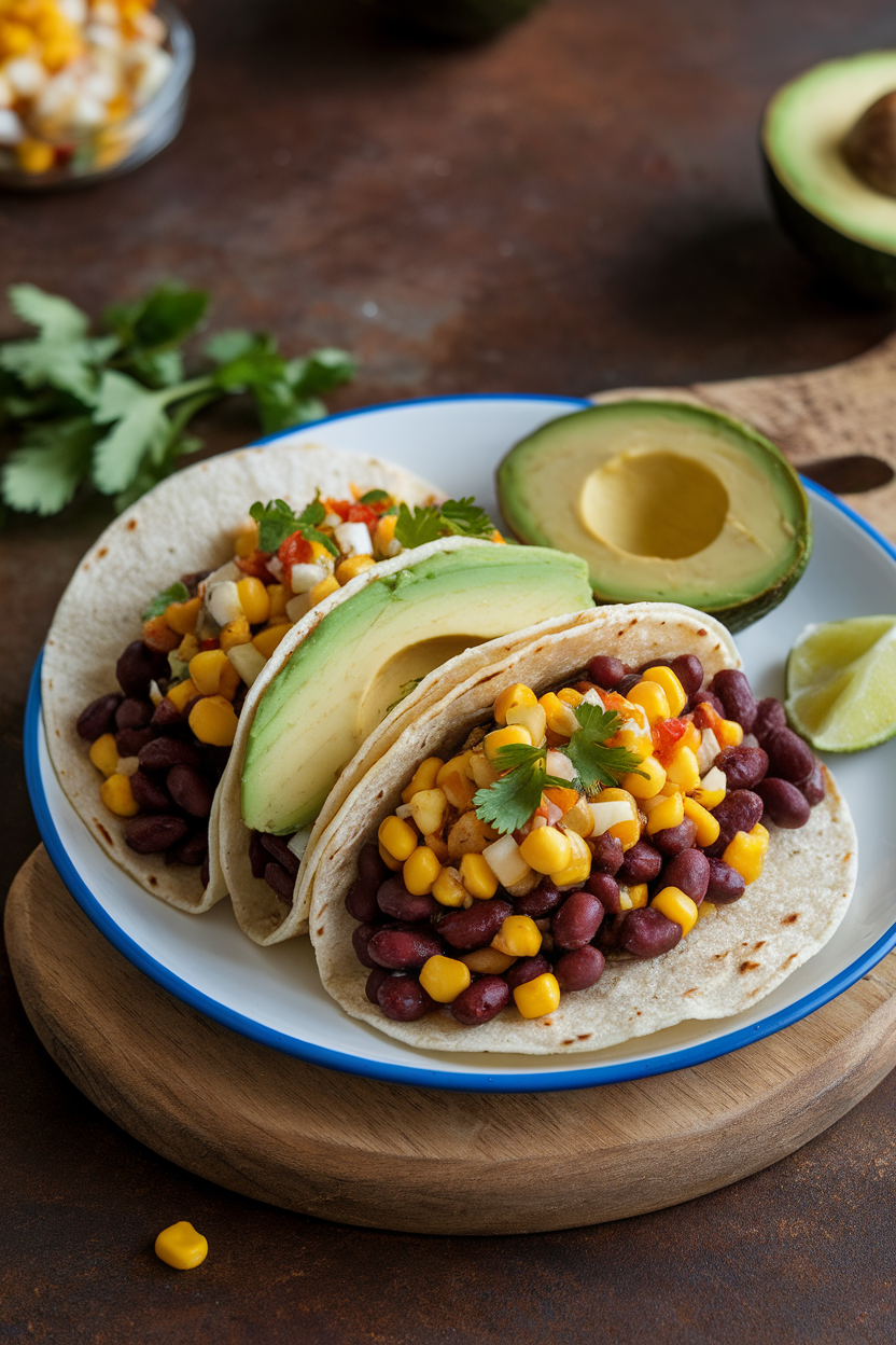 Photo of an indoor plate of black-bean tacos topped with corn salsa and avocado slices. No text or logos anywhere.
