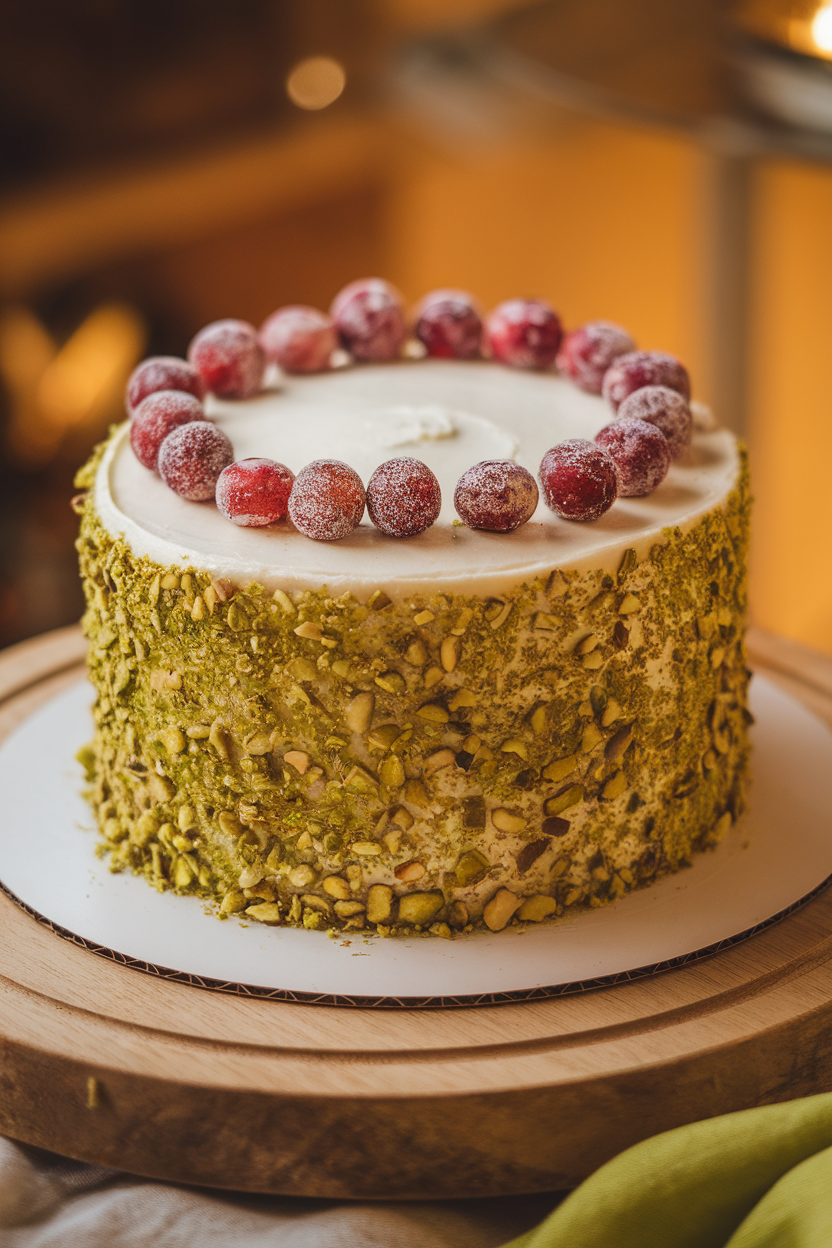 Green-tinted sponge cake indoors with white buttercream, chopped pistachios pressed around the base, and a crown of sugared cranberries on top. Warm interior lighting, no text.