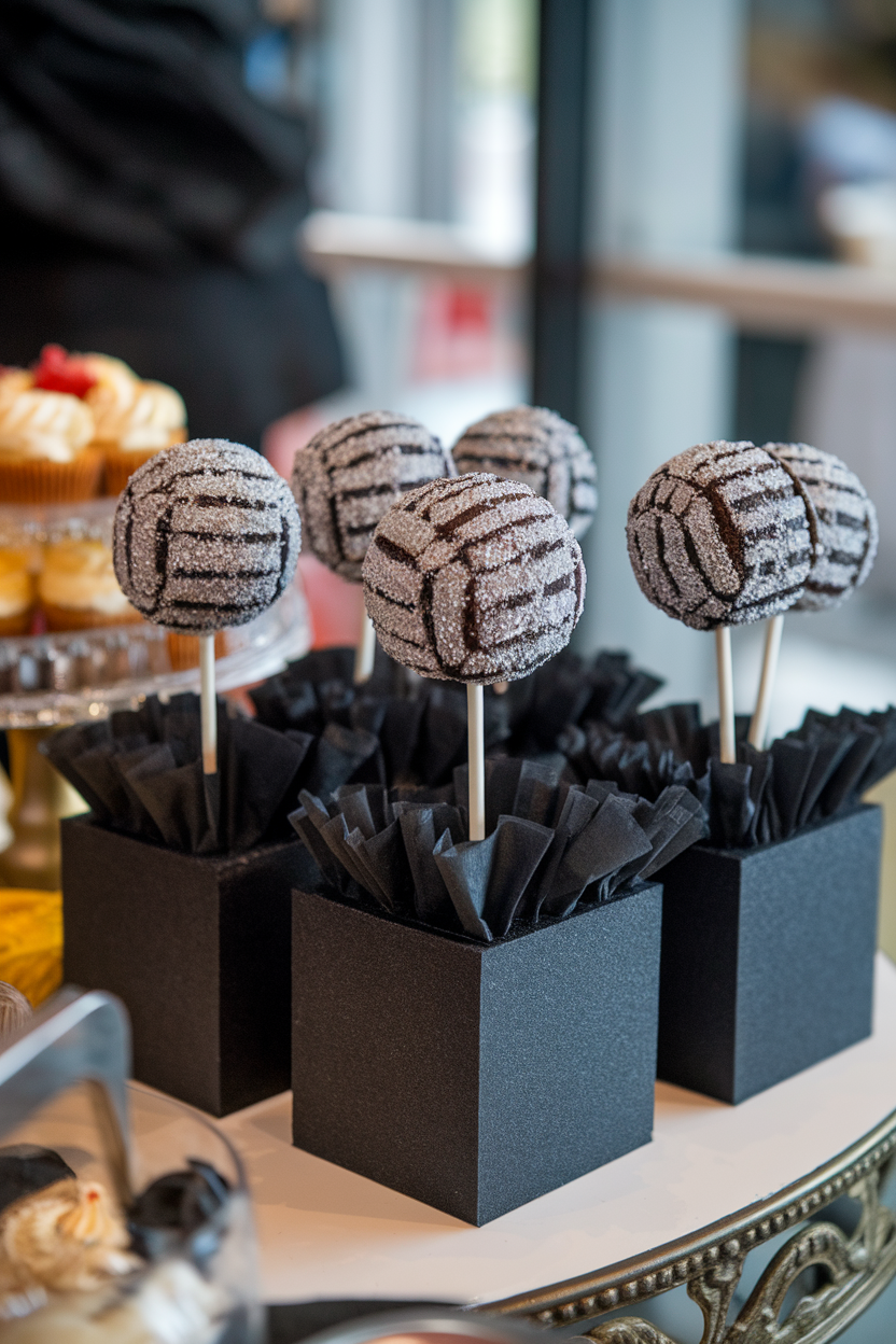 Photo, not illustration. Indoor party table. Oreo cookie-crumb cake pops covered in silver sanding sugar that mimics the Times Square ball, standing upright in a foam block disguised with black tissue. No text or logos.