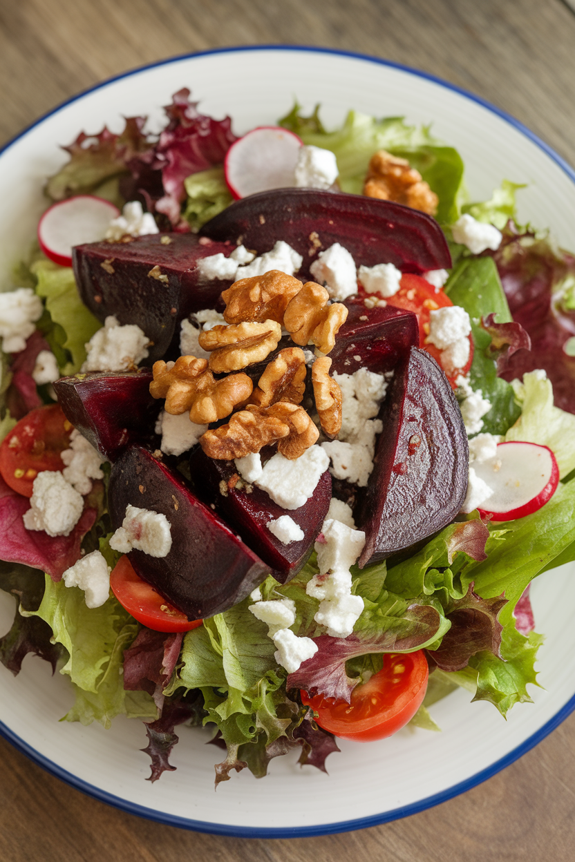 Indoor photo of mixed greens topped with roasted beet wedges, crumbled goat cheese, and toasted walnuts. No text or logos.