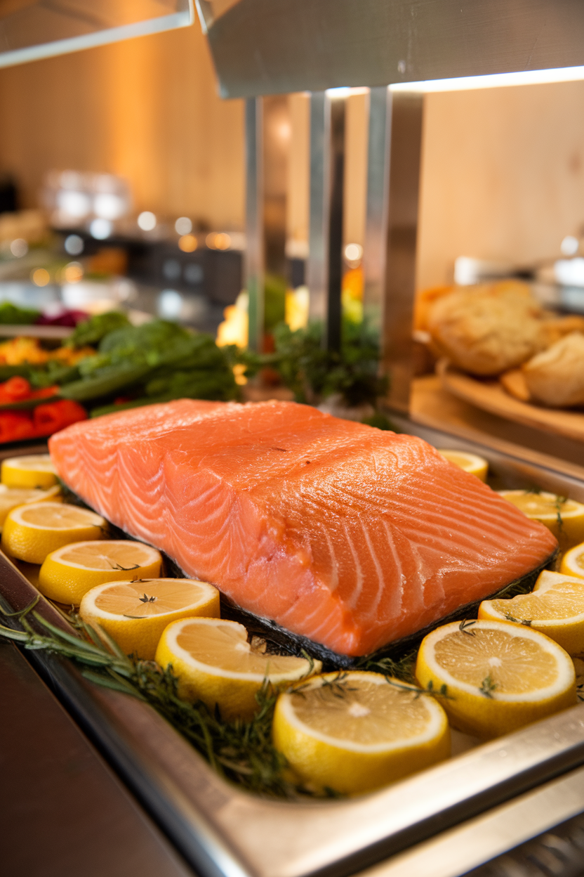 A fillet of fully cooked pink salmon resting on lemon slices and herbs on an indoor buffet. No text or logos.