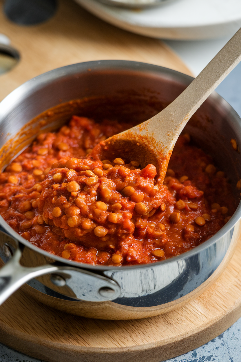 Indoor saucepan filled with thick lentil tomato sauce, wooden spoon stirring; no text or logos, photo style.