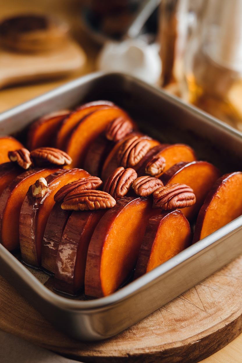 Indoor photo of sliced yams coated in glossy bourbon-brown sugar glaze in a baking dish. No text or logos.