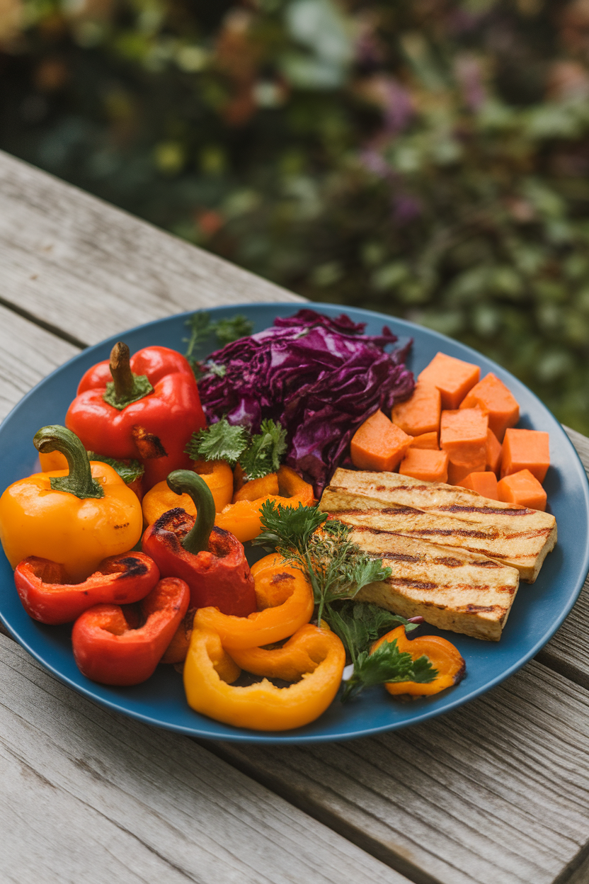 Photo of an indoor dinner plate arranged with roasted bell peppers, purple cabbage, orange sweet potato cubes, and grilled tofu strips. No text or logos present.
