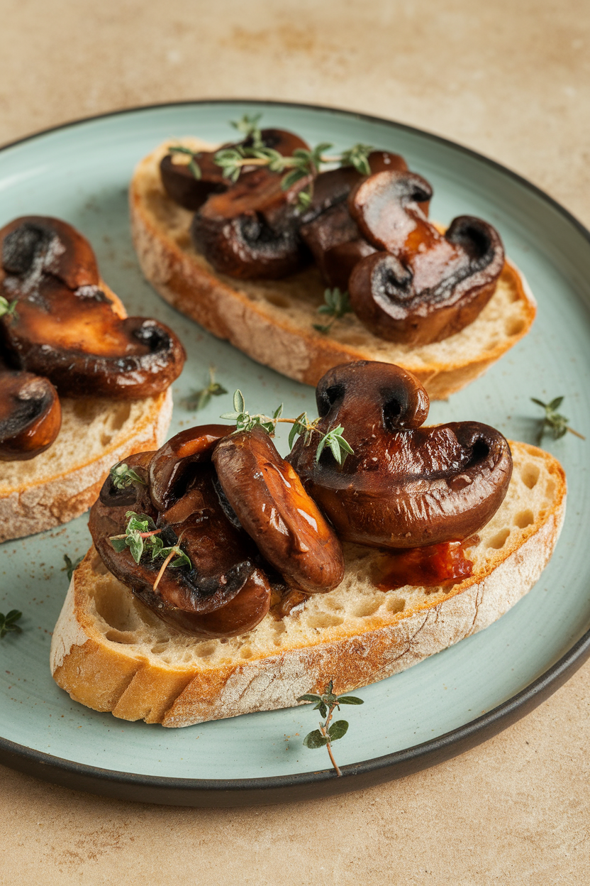An indoor plate featuring crusty baguette slices topped with glossy red wine–braised mushrooms and fresh thyme leaves. No text or logos present.