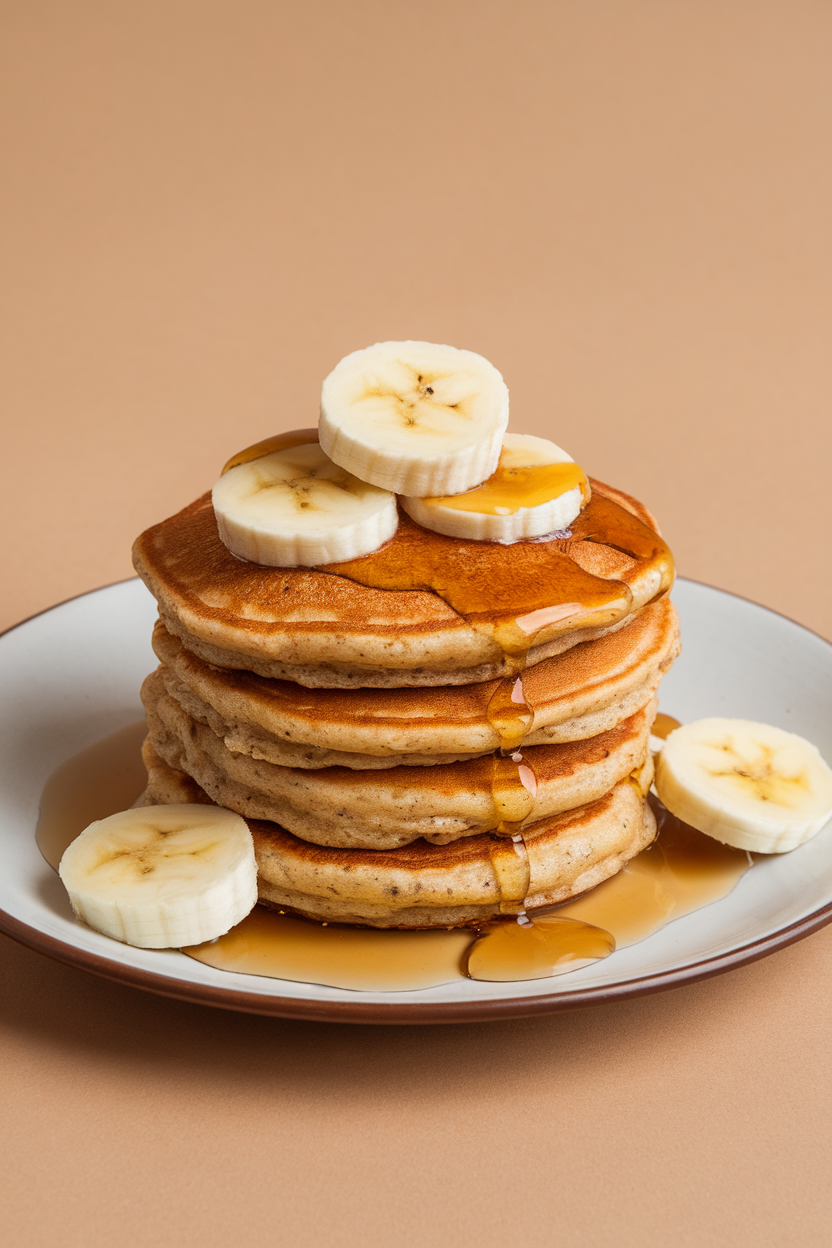 Indoor breakfast plate stacked with three oat pancakes topped with banana slices and drizzle of pure maple syrup, no text or logos