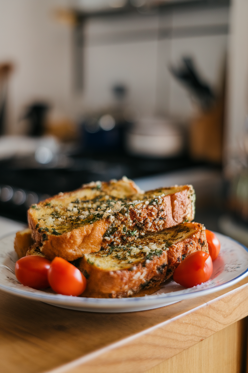 A plate indoors with thick slices of French toast coated in herbs and parmesan, served with cherry tomatoes. No text or logos. Photo, not illustration.