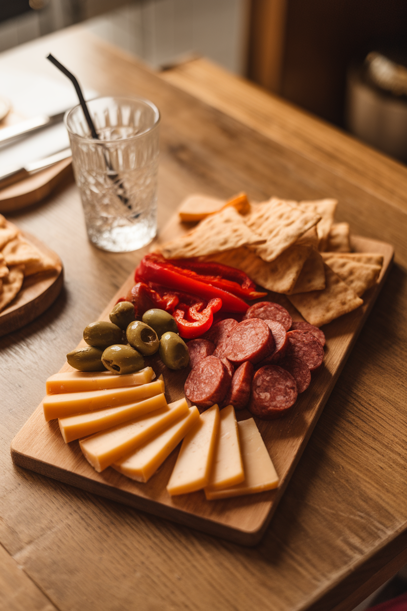Indoor table shot with a rectangular board holding sliced manchego, chorizo, marinated olives, roasted red peppers, and pita chips; warm lighting, no logos