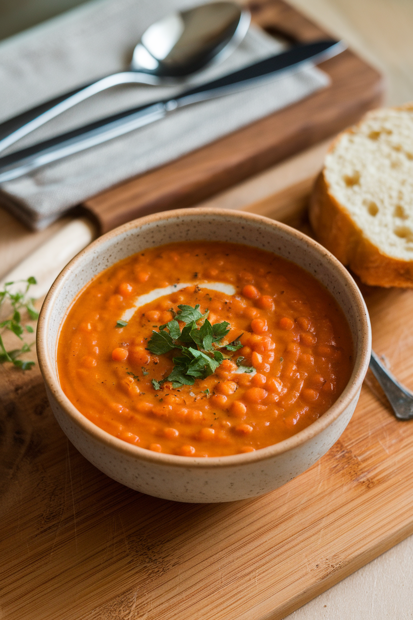 Indoor soup bowl filled with orange-hued lentil carrot soup, parsley sprinkle on top, no text or logos