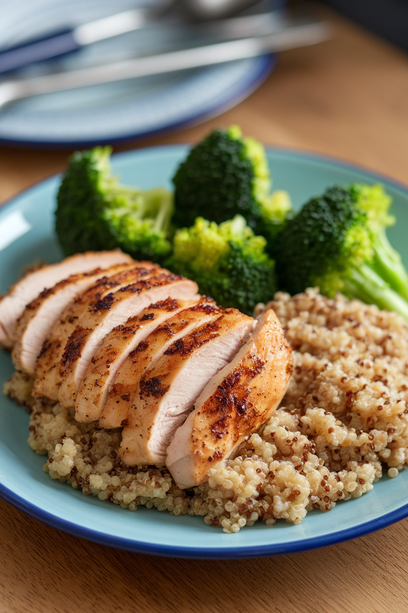 An indoor plate with grilled chicken breast slices, steamed broccoli, and quinoa—photo, no text or logos.