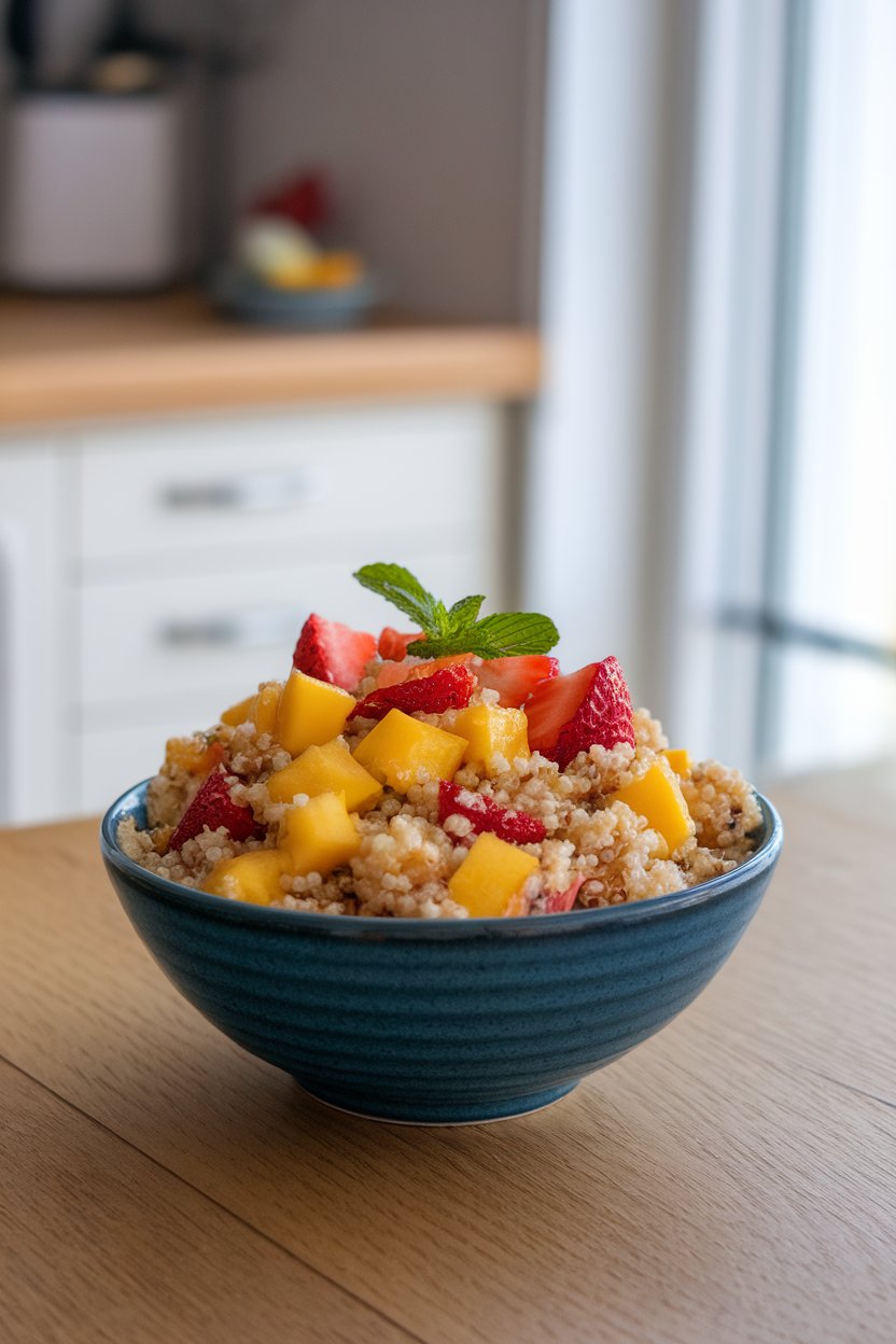 Indoor bowl of fluffy quinoa mixed with diced mango, strawberries, and mint; cool daylight, no text or logos.