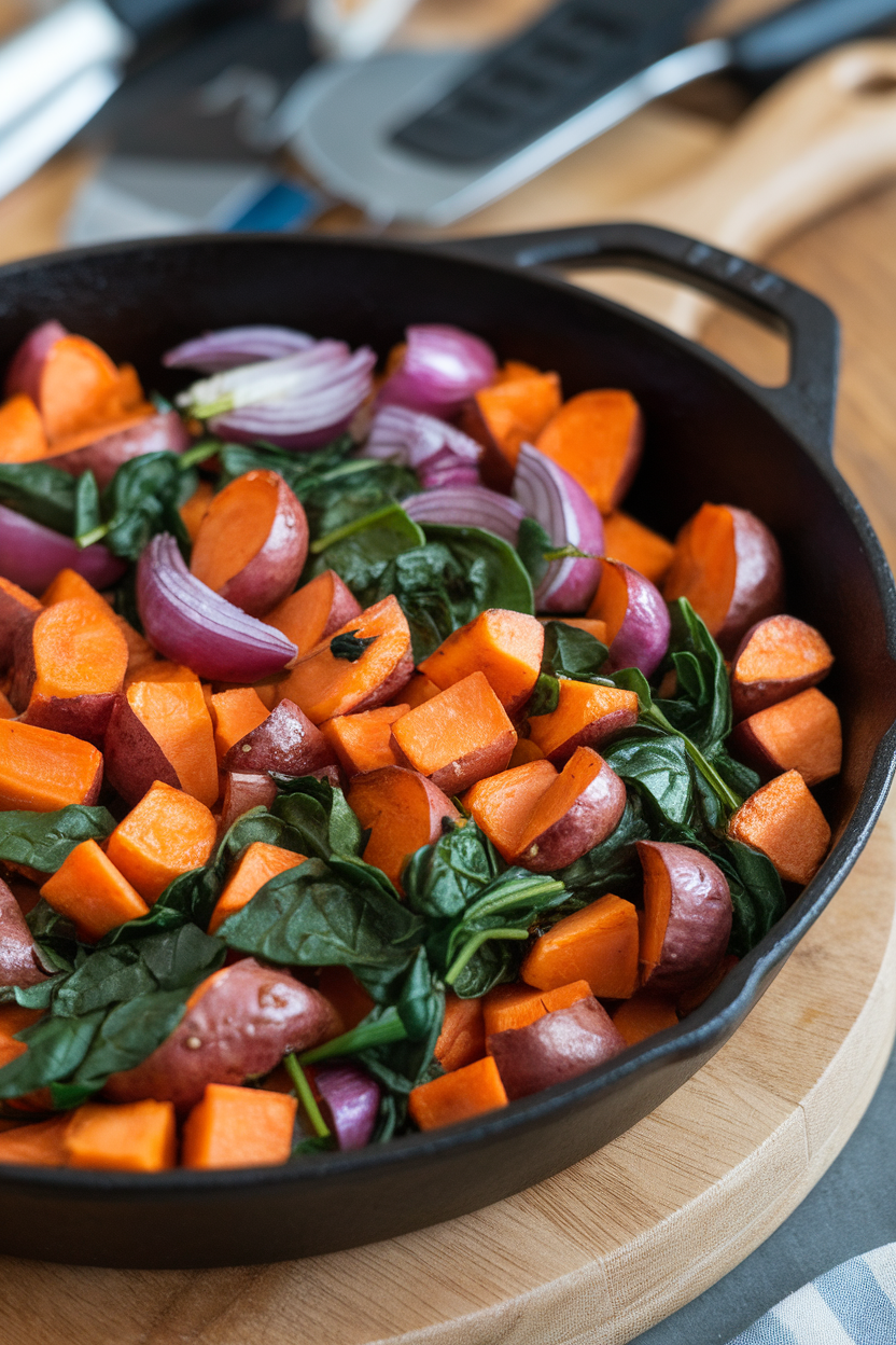 Indoor cast-iron skillet photo showing diced roasted sweet potatoes mixed with red onions and spinach, no text or logos.