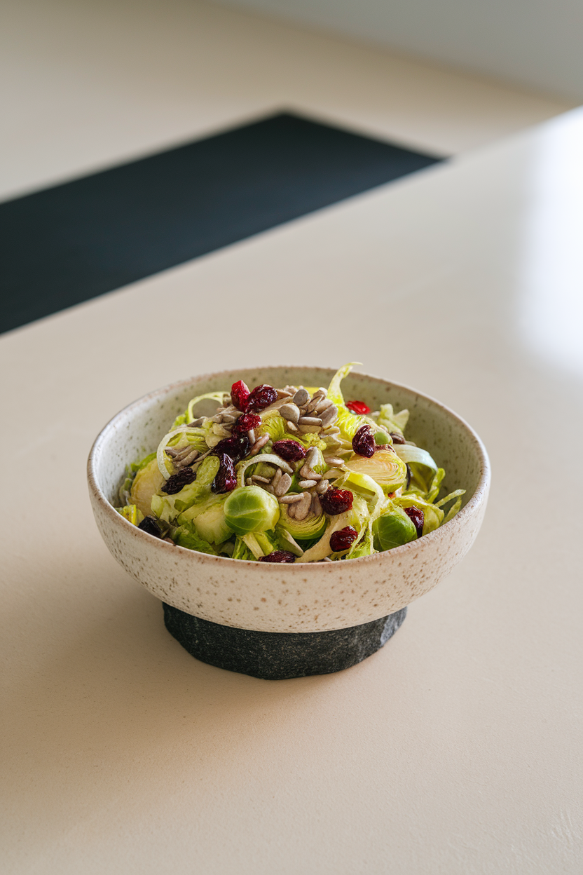 A bright indoor countertop with a ceramic salad bowl filled with thin ribbons of Brussels sprouts, dried cranberries, and sunflower seeds. No text or logos; photo only.