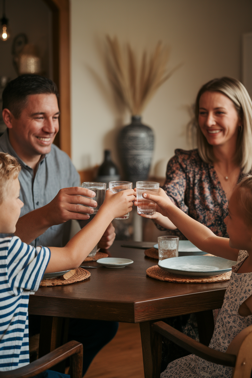 Indoor photo of a family clinking small glasses of water in a cheerful toast at the dinner table, no text or logos
