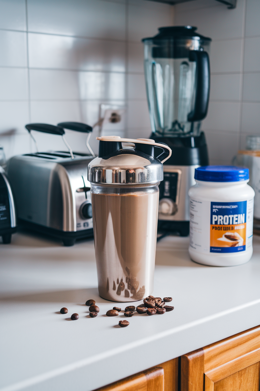 An indoor kitchen counter featuring a stainless-steel shaker bottle filled with mocha banana protein shake, coffee beans sprinkled nearby. Photo, no text or logos.