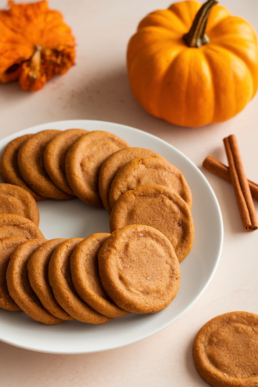Photo prompt: Indoor setting with pumpkin-spice protein cookies arranged in a neat circle, tiny pumpkin and cinnamon sticks nearby, no text or logos.