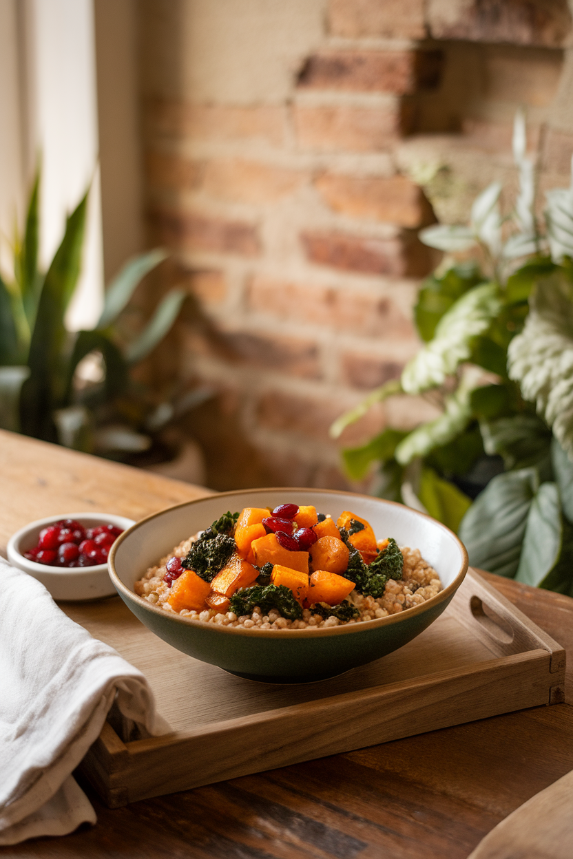 Photo of an indoor dining table featuring a bowl of warm millet topped with roasted butternut squash, kale, and cranberries, drizzled with sage brown butter. No logos or text.