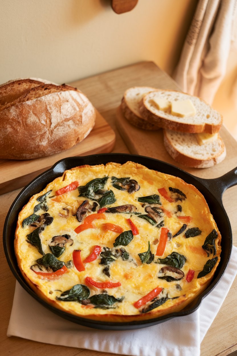 An indoor breakfast table showing a cast-iron skillet filled with a baked egg white frittata studded with spinach, bell peppers, and mushrooms. Warm overhead lighting; no text or logos.