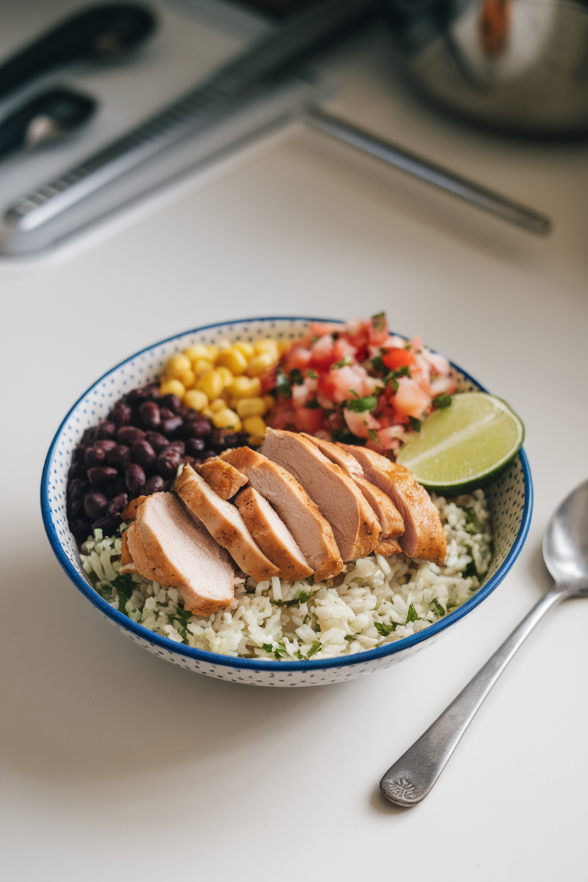 An indoor countertop bowl featuring cilantro-lime rice, sliced chicken, black beans, corn, and pico de gallo. No text or logos. Photo.