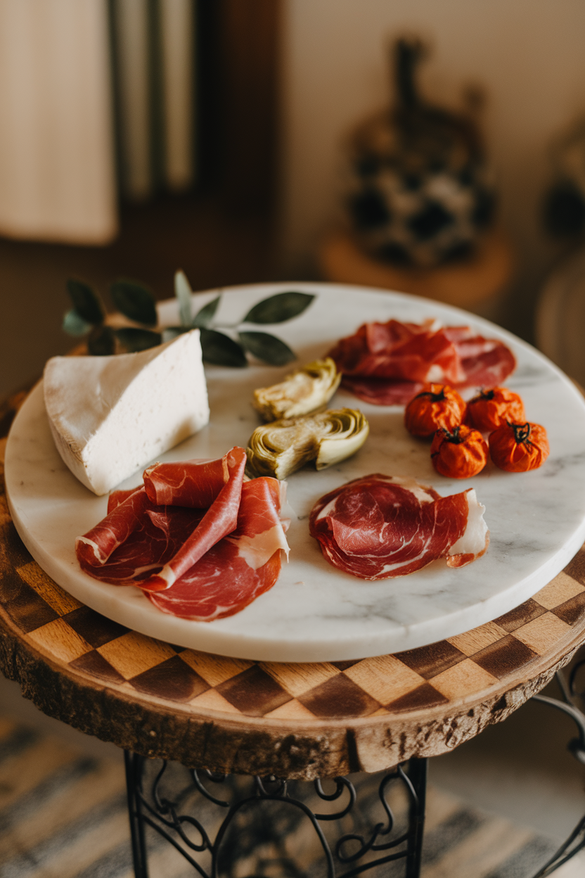 Indoor photo of a marble slab with prosciutto, soppressata, provolone, artichoke hearts, and roasted tomatoes; no logos, soft holiday lighting