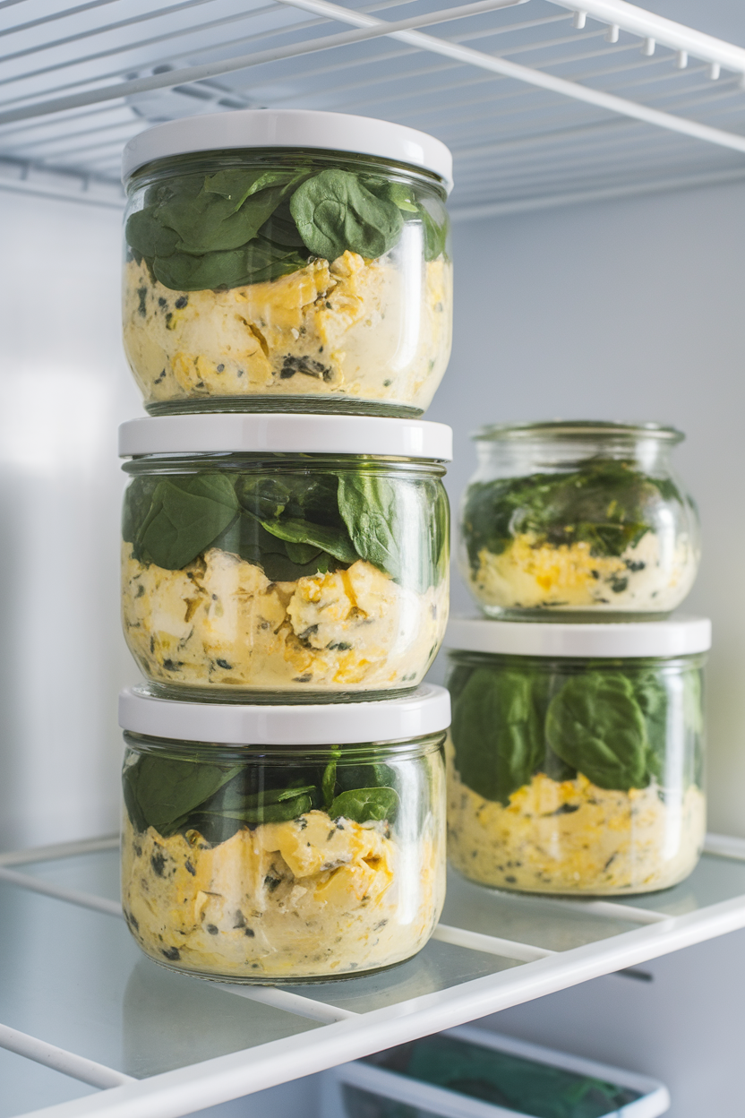 Indoor fridge shelf showing glass jars layered with chunky avocado egg salad and baby spinach leaves. No text or logos present.