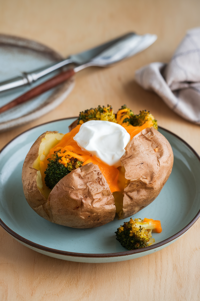 An indoor plate displaying a fluffy baked potato split open and packed with steamed broccoli and melted cheddar; no text or logos, photo not illustration.