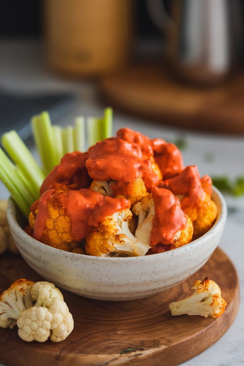 Indoor bowl of roasted cauliflower florets coated in spicy buffalo sauce, served with celery sticks. No text or logos. Photo, not illustration.