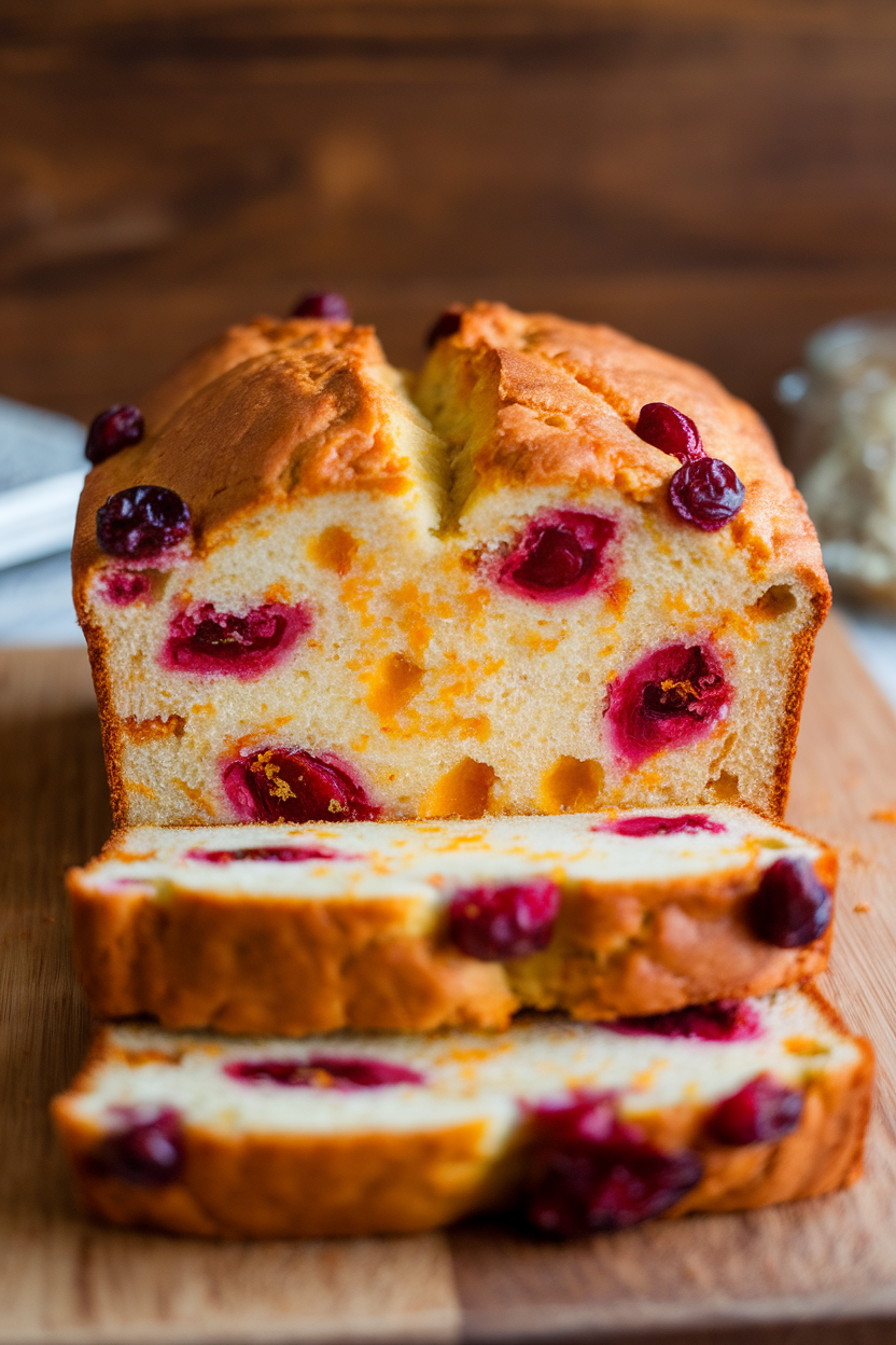 Loaf of quick bread sliced on an indoor board, vibrant cranberry pockets and orange zest speckles visible. No text or logos.