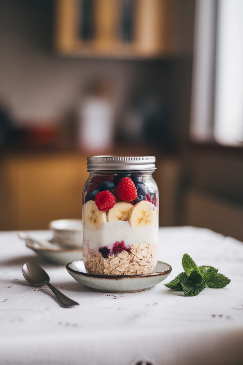 Mason jar on indoor breakfast table filled with layered oats, almond milk, sliced bananas, and mixed berries, no text or logos