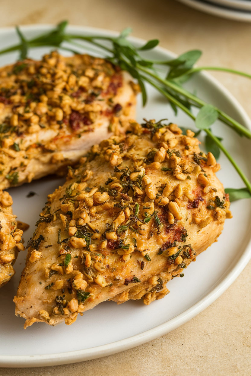 Indoor white plate with air-fried chicken breast coated in whole-grain mustard and mixed herbs, close-up angle. No text or logos.