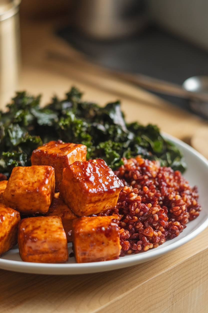 Indoor photo of maple soy glazed tempeh cubes, red quinoa, and sautéed kale on a plate. No text or logos.