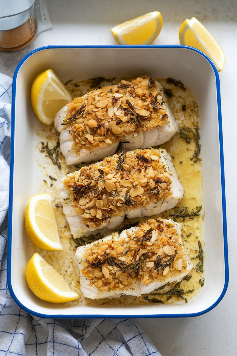 An indoor kitchen counter showing a baking dish of cooked cod fillets topped with a golden almond and herb crust, lemon wedges on the side. No logos or text visible. Photo only.
