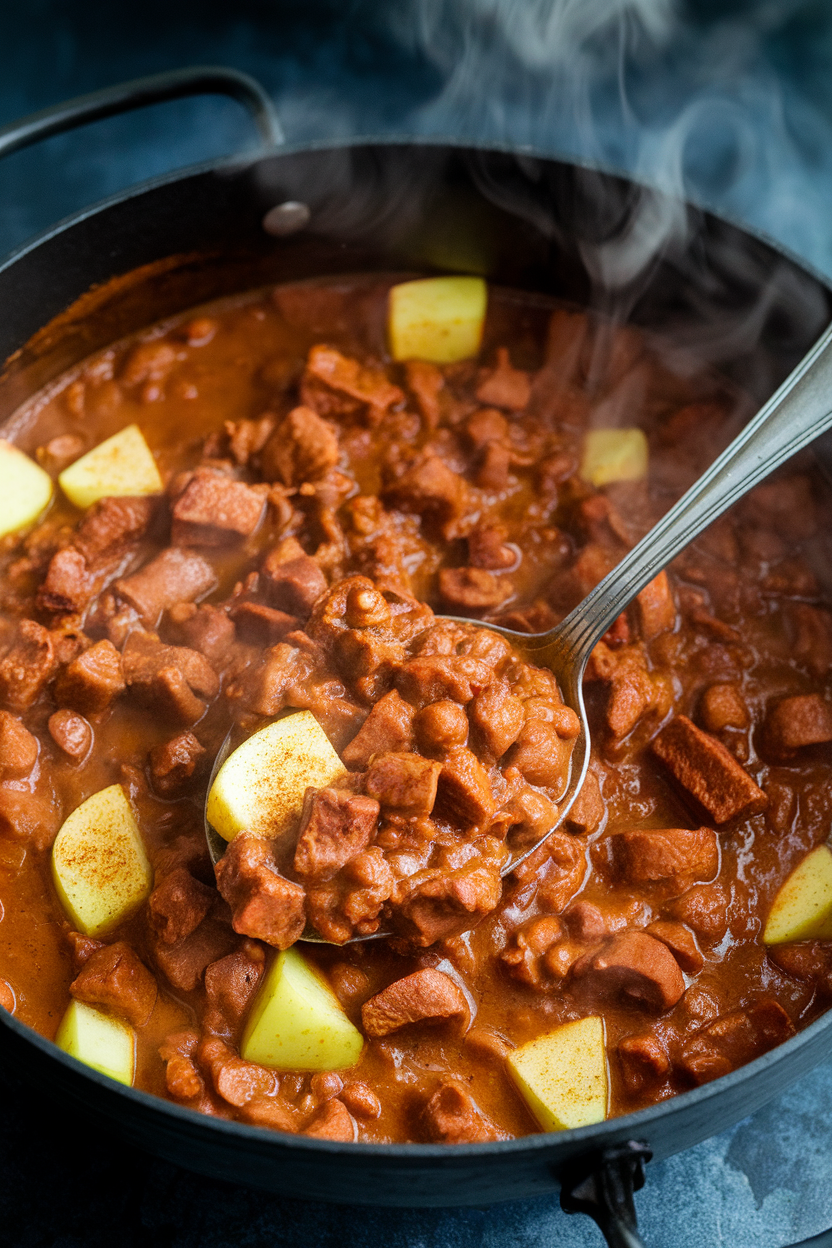 Indoor photo of pork chili with apple chunks visible, dusted with cinnamon, steam rising; no text or logos.