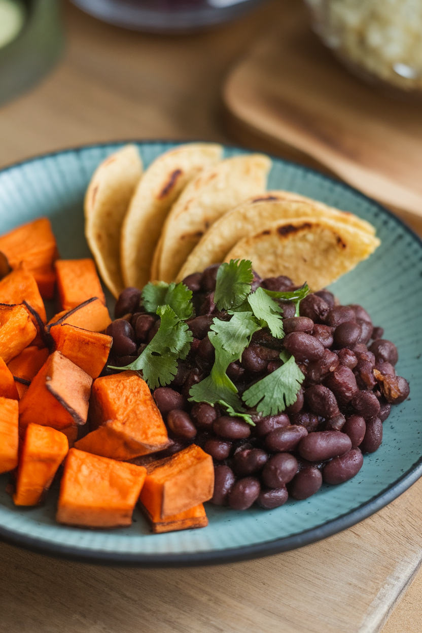 Indoor photo of roasted sweet potato cubes, black beans sprinkled with cilantro, and a small mound of corn tortilla wedges on a round plate. No text or logos.