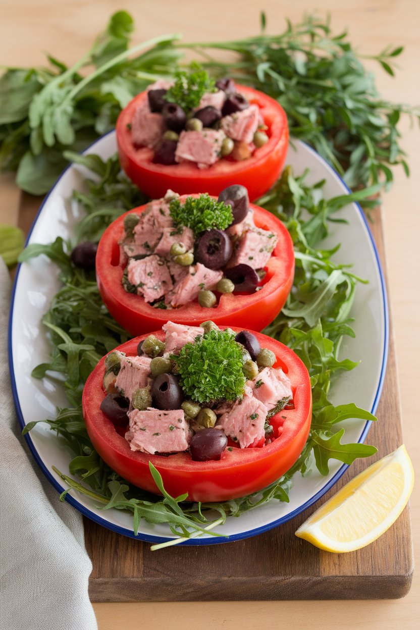 An indoor platter with large tomato halves filled with tuna, olives, capers, and parsley. No text or logos; photo only.