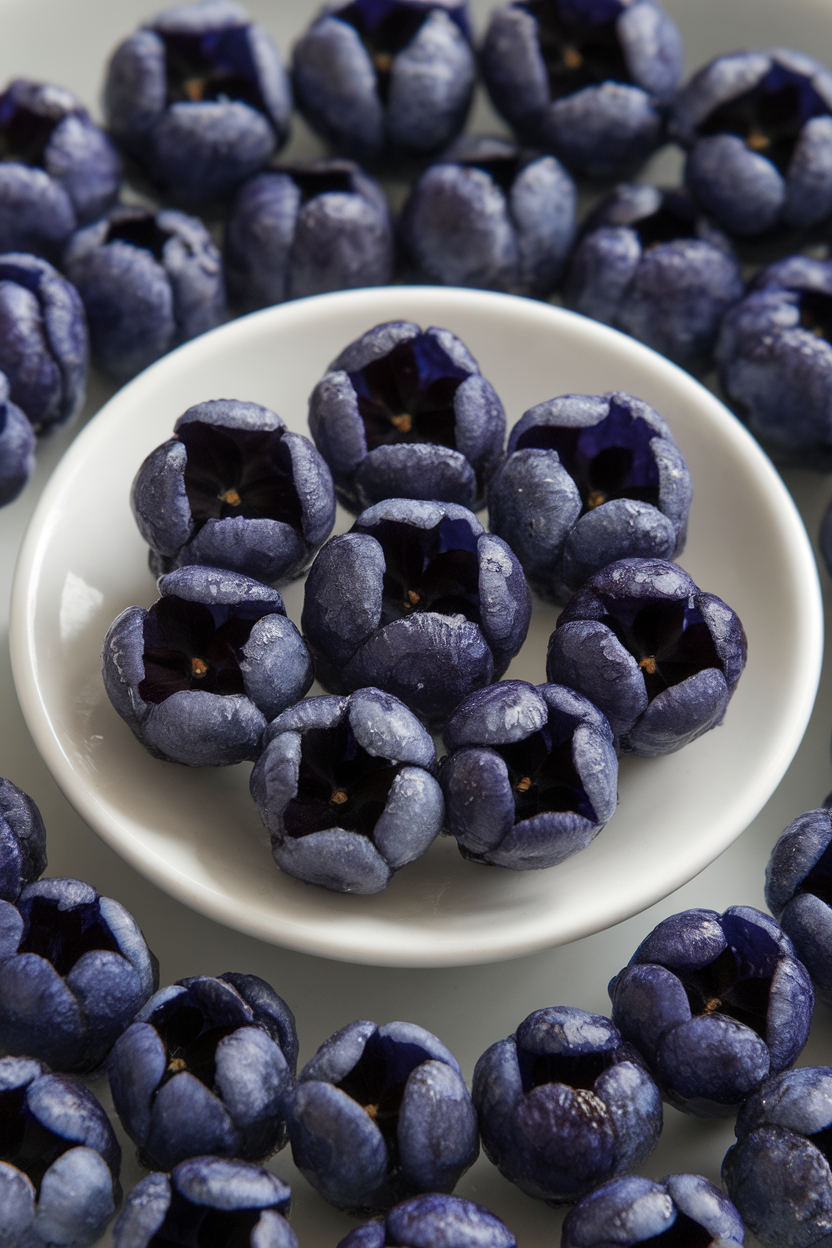 Indoor close-up of crystallized violets on a small white dish, no text or logos