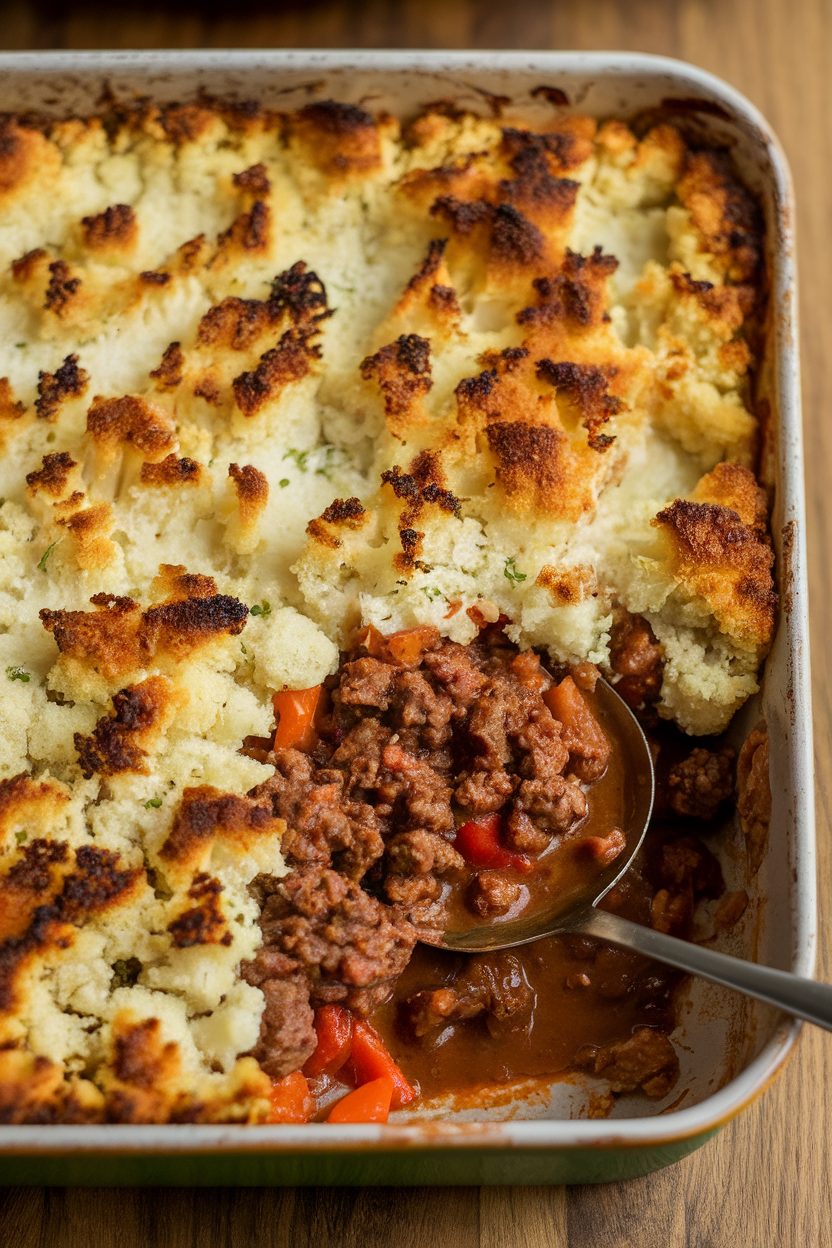 An indoor casserole dish showing a browned cauliflower mash topping over saucy ground lamb and vegetables, one spoonful removed. No text or logos present. Photo, not illustration.