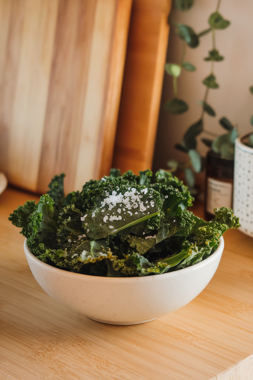 Indoor photo of vibrant green kale chips sprinkled with sea salt in a shallow white bowl on a kitchen counter. No logos or text visible.
